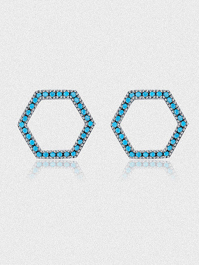 Boucles d'Oreilles Minimaliste Hexagone Turquoise en Argent Sterling 925