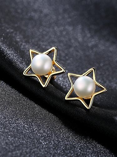 Pendientes de estrella de pentagrama de moda de perlas naturales de plata esterlina