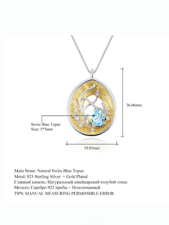 Geometrische Handwerker-Halskette aus 925er Sterlingsilber mit Schweizer Blautopas