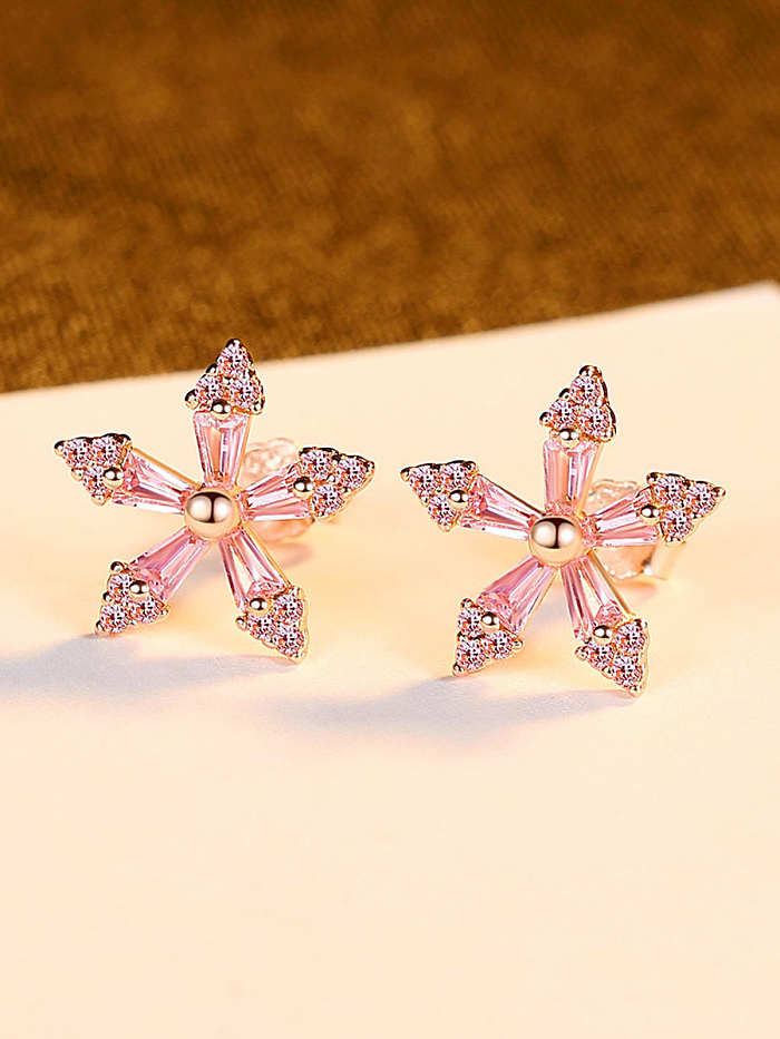 925 Sterling Silver Cubic Zirconia Pink Flower Minimalist Stud Earring