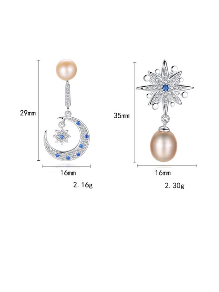 925 Sterling Silver Fashion Asymmetric Snowflake Moon Freshwater Pearl Drop Earring
