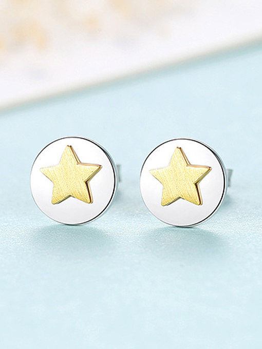 Plata de ley 925 con chapado en dos colores Pendientes de botón de estrellas lindos redondos simplistas
