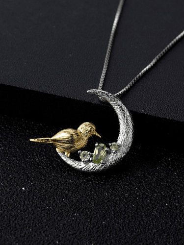 925 Sterling Silver Peridot Bird Artisan Moon Pendant Necklace