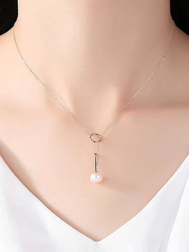 Pure silver 8-8.5mm natural freshwater pearl gold necklace