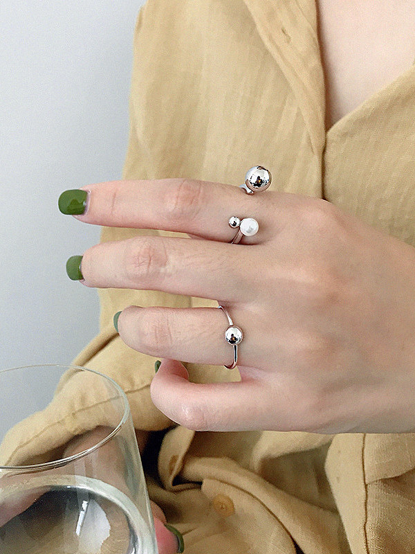 925 Sterling Silver With Artificial Pearl Simplistic Round Free Size Rings