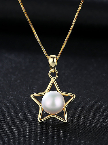 Sterling Silver Pentagram Jewelry 7- 7.5mm Natural Pearl Necklace