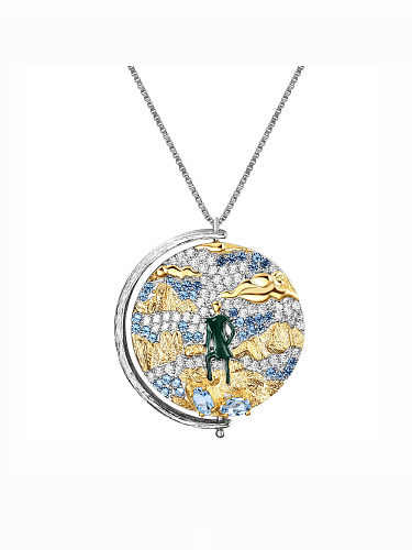 Collier pendentif rond de luxe avec motif abstrait en pierre naturelle en argent sterling 925