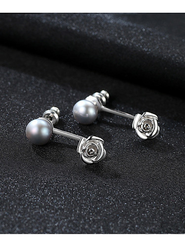 Pure silver 7-7.5mm natural freshwater pearl flower studs