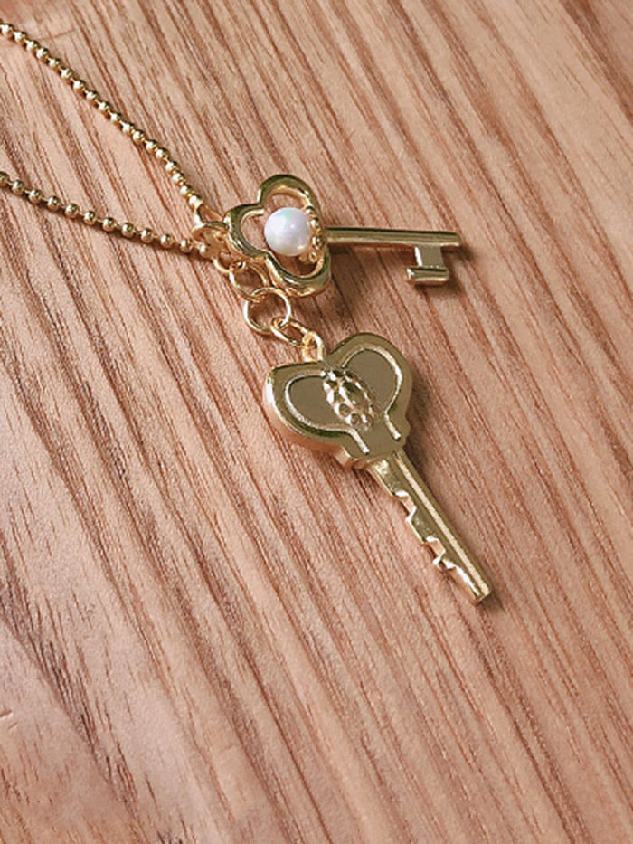 925 Sterling Silver With Gold Plated Personality Double key Necklaces