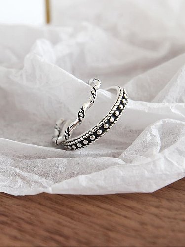 S925 Sterling Silver Vintage Round Bead Twist Wave Free Size Ring