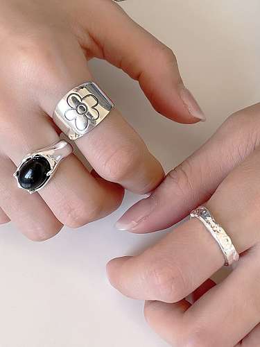 925 الفضة الاسترليني زهرة خمر خاتم العقيق الأسود باند