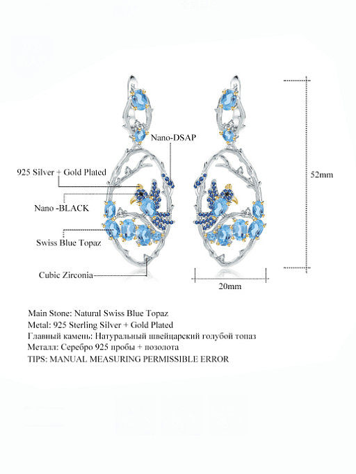 925 Sterling Silver Swiss Blue Topaz Bird Luxury Chandelier Earring