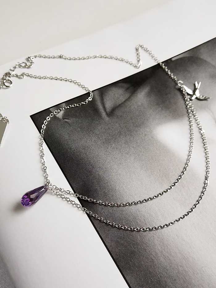 925 Sterling Silver Crystal Purple Water Drop Trend Multi Strand Necklace