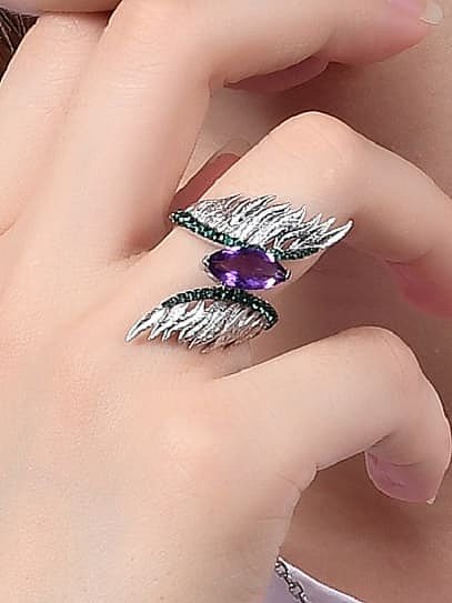 925 Sterling Silver Natural Stone Feather Luxury Band Ring