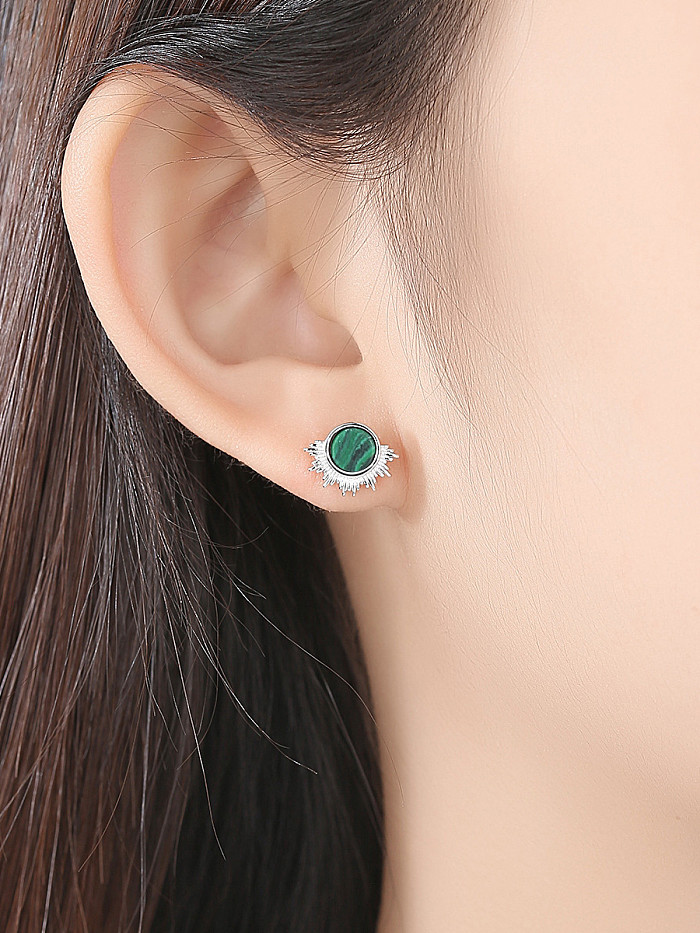 925 Sterling Silver With Platinum Plated Simplistic Malachite Round Stud Earrings