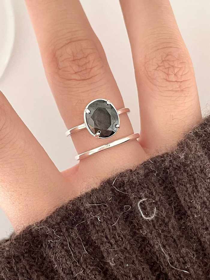 925 Sterling Silver Obsidian Geometric Vintage Stackable Ring