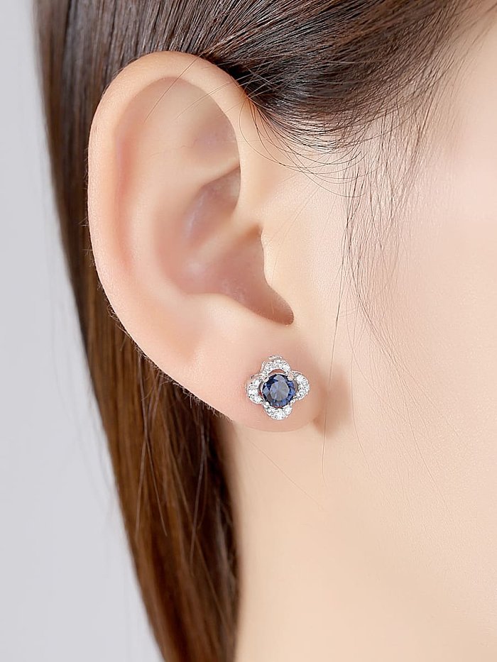 925 Sterling Silver Cubic Zirconia Blue Flower Luxury Stud Earring