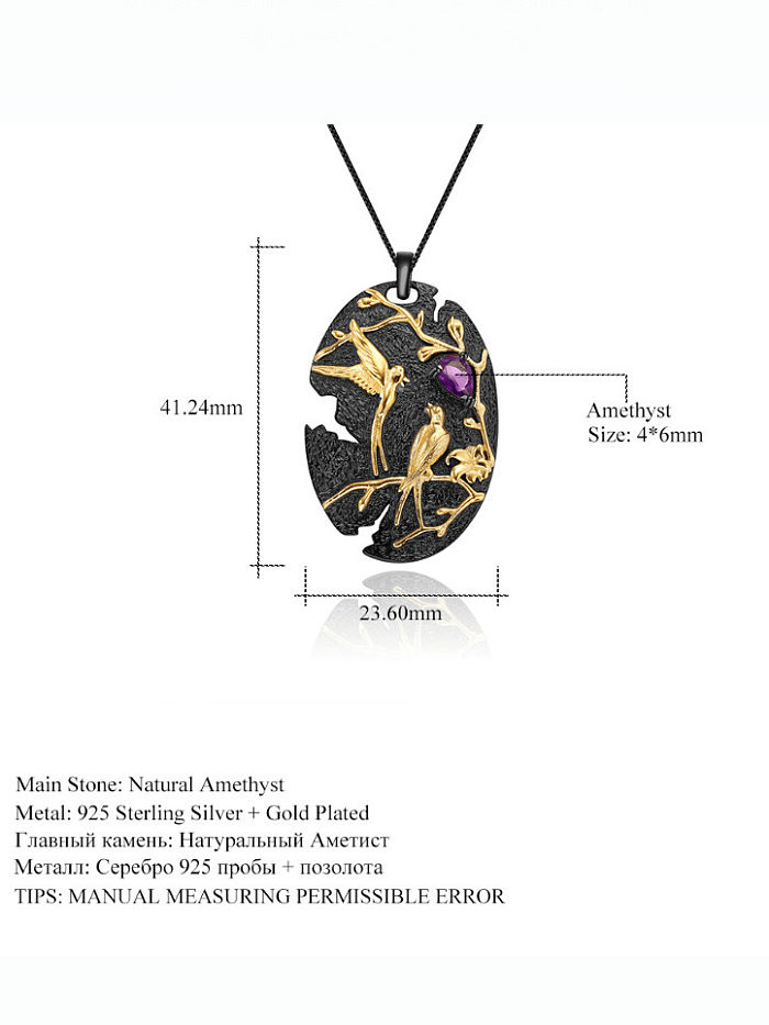 Collier pendentif géométrie vintage oiseau améthyste en argent sterling 925