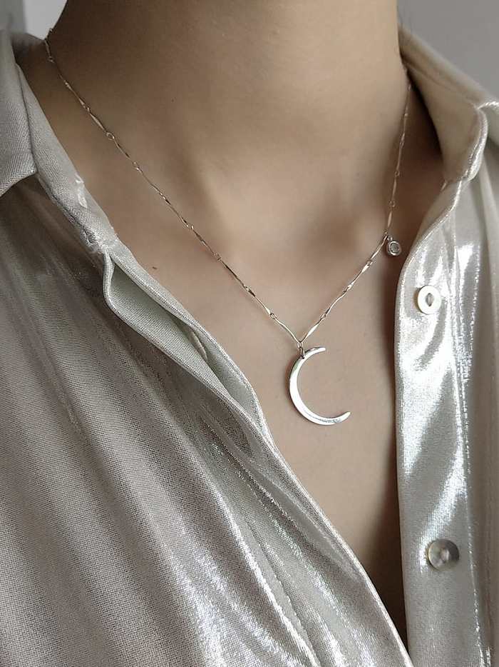 925 Sterling Silver Smooth Moon Star Diamond Necklace