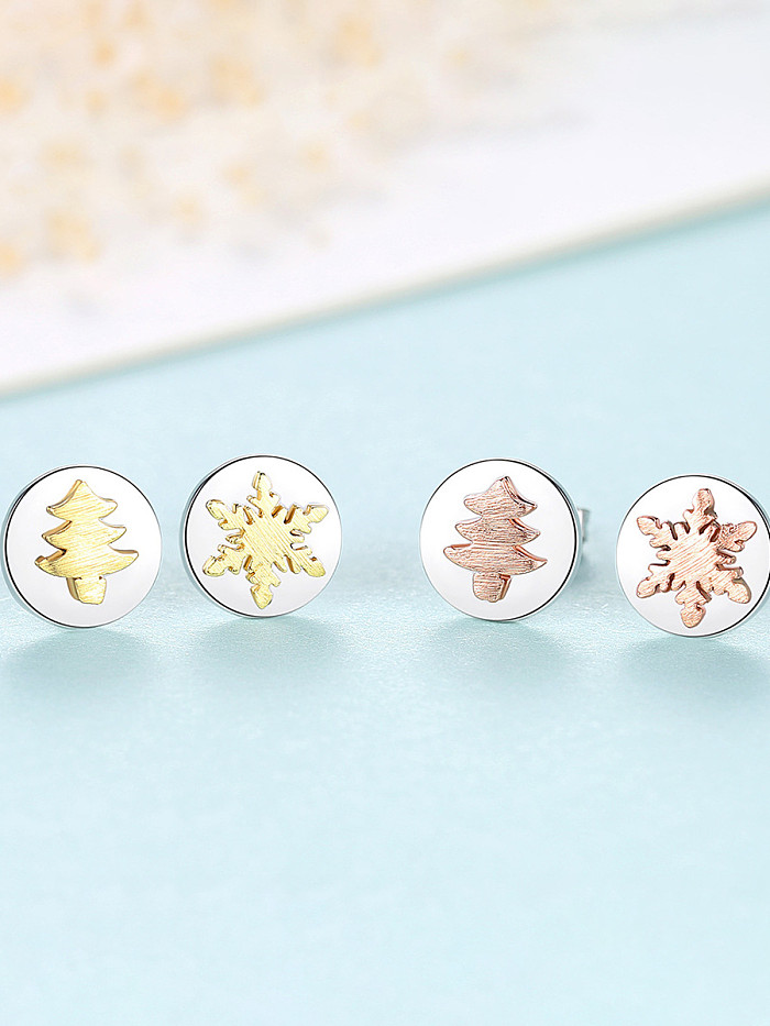 925 Sterling Silver With Glossy Simplistic Christmas Tree Snowflake Stud Earrings