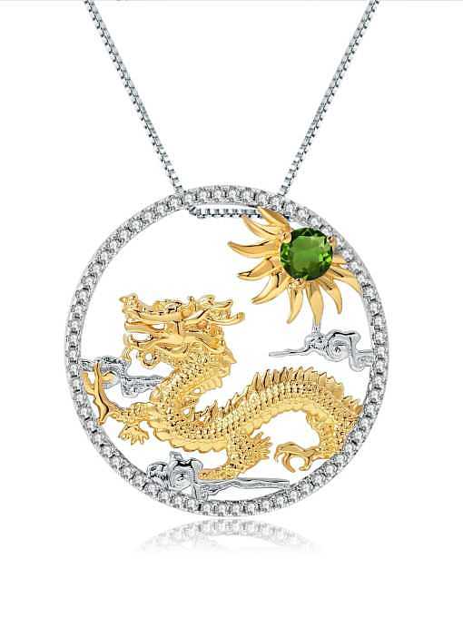 925 Sterling Silver Natural Stone Zodiac Dragon Luxury Necklace