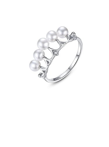 925 Sterling Silver Imitation Pearl White Crown Minimalist Band Ring