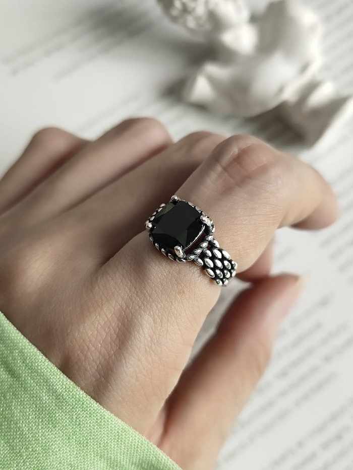 925 Sterling Silver Cubic Zirconia Black Square Vintage Free Size Band Ring