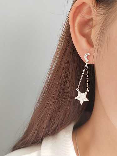 925 Sterling Silver Rhinestone Asymmetric Star Moon Vintage Threader Earring