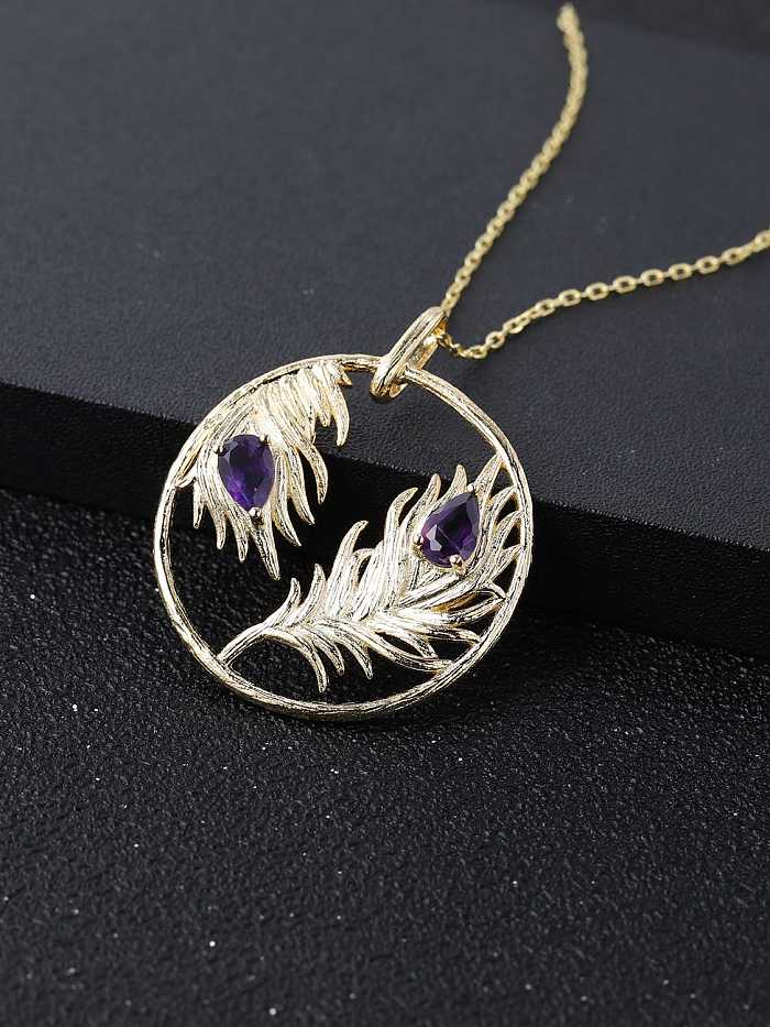 925 Sterling Silver Amethyst Feather Vintage Round Pendant Necklace