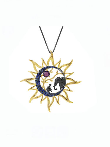 Collier pendentif soleil vintage éléphant en pierre naturelle en argent sterling 925