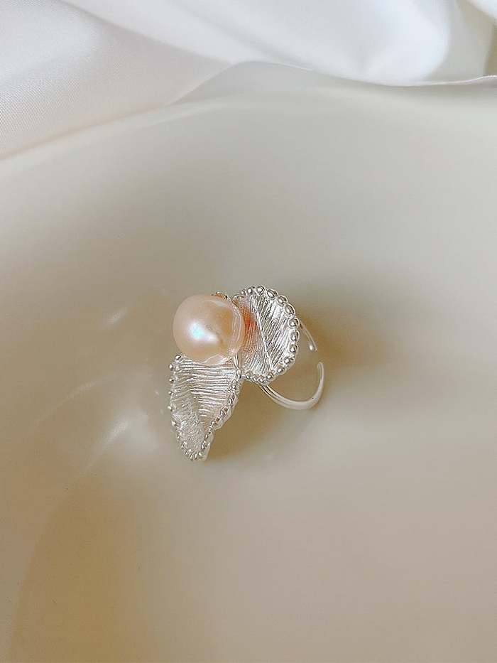 925 Sterling Silver Imitation Pearl Flower Vintage Band Ring