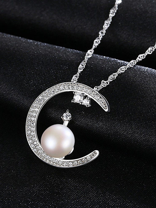 Pure silver with zircon pearl Moon Necklace