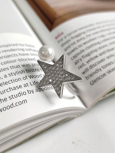 925 Sterling Silver Minimalist Pentagram Imitation Pearl Free Size Ring