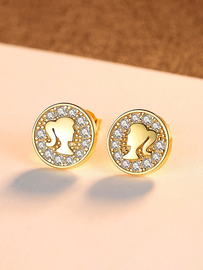 925 Sterling Silver With Cubic Zirconia Simplistic Anime girl Round Stud Earrings