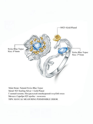 925 الفضة الاسترليني السويسري الأزرق توباز زهرة خاتم الحرفيين باند