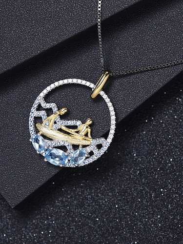 925 Sterling Silber Schweizer Blauer Topas Geometrische Luxus-Halskette mit abstraktem Muster