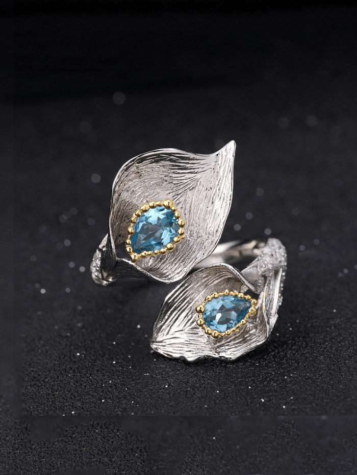 925 Sterling Silver Swiss Blue Topaz Leaf Artisan Band Ring