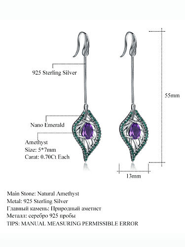 925 Sterling Silver Amethyst Leaf Vintage Hook Earring