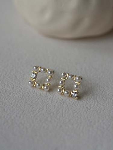925 Sterling Silver Imitation Pearl Square Trend Stud Earring