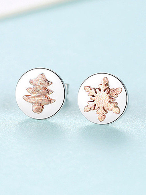 925 Sterling Silver With Glossy Simplistic Christmas Tree Snowflake Stud Earrings