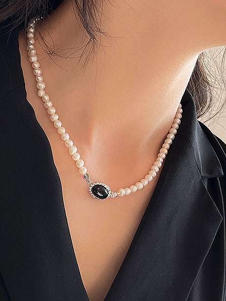 925 Sterling Silver Imitation Pearl Oval Vintage Necklace