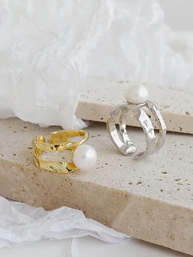S925 Sterling Silver Irregular Line Double Layer Micro Setting Pearl Free Size Ring
