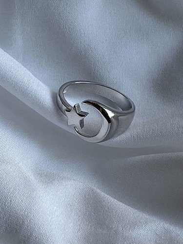 925 Sterling Silver Minimalist Star Moon Free Size Ring