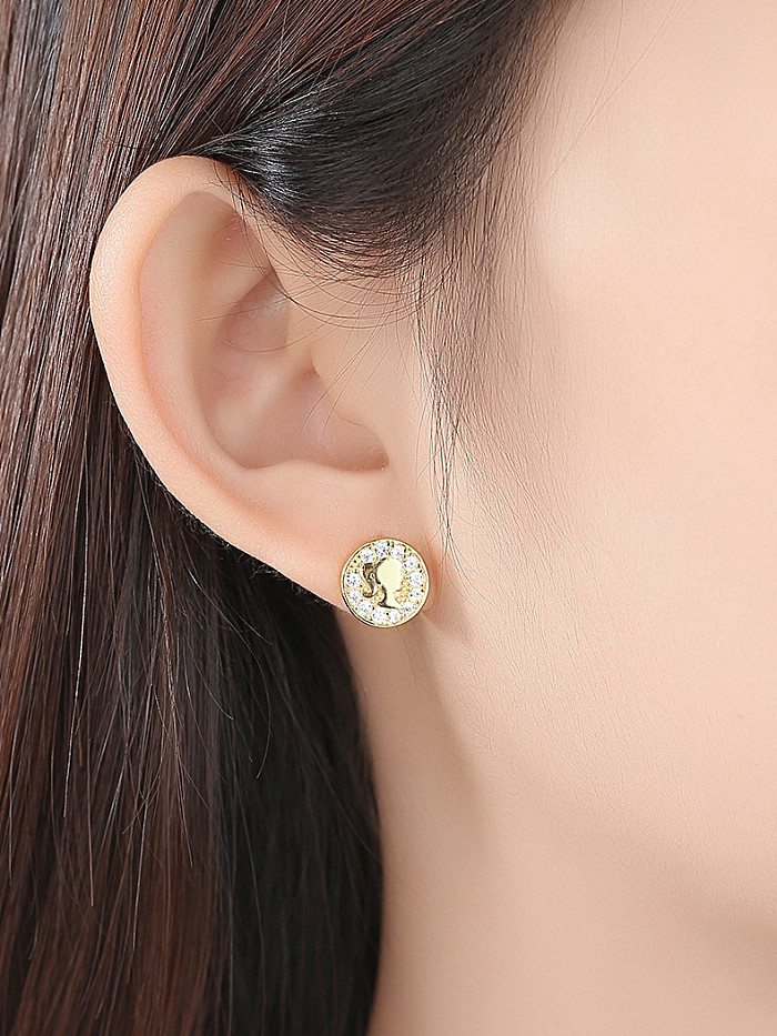 925 Sterling Silver With Cubic Zirconia Simplistic Anime girl Round Stud Earrings