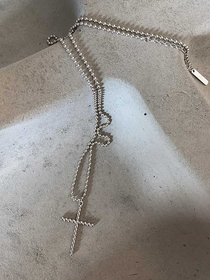 Collier en argent sterling 925 avec chaîne de perles et croix vintage à long brin