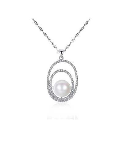 925 Sterling Silver Freshwater Pearl Fashion zircon oval pendant Necklace