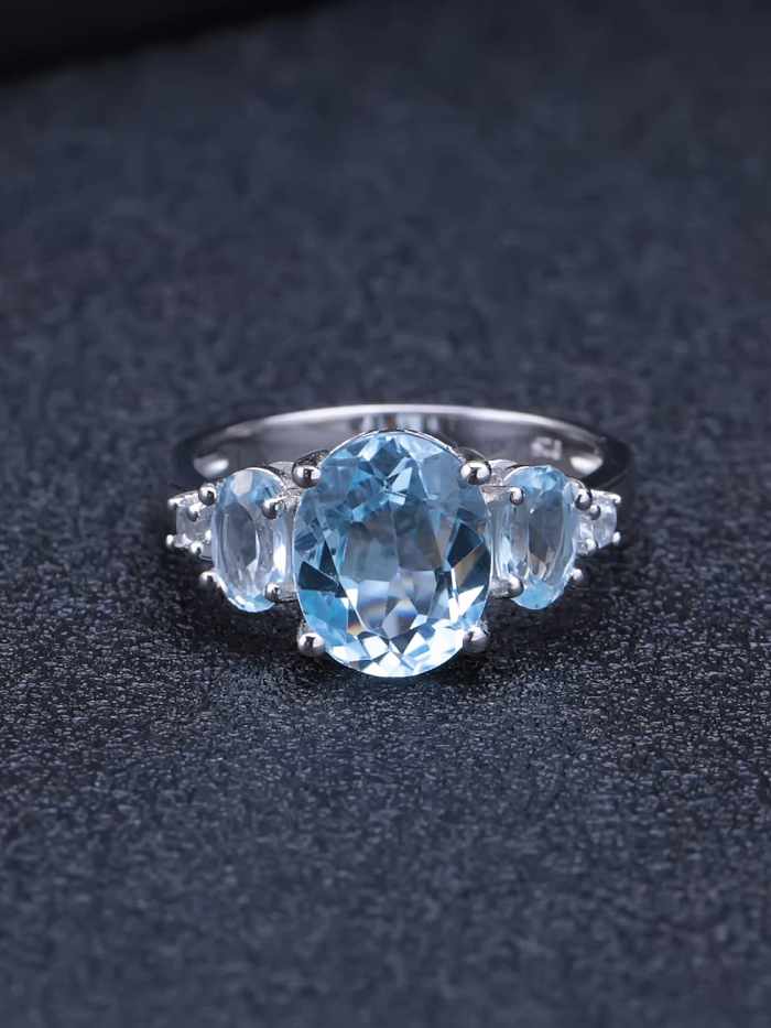 Anel de banda de luxo geométrico topázio azul suíço de prata esterlina 925