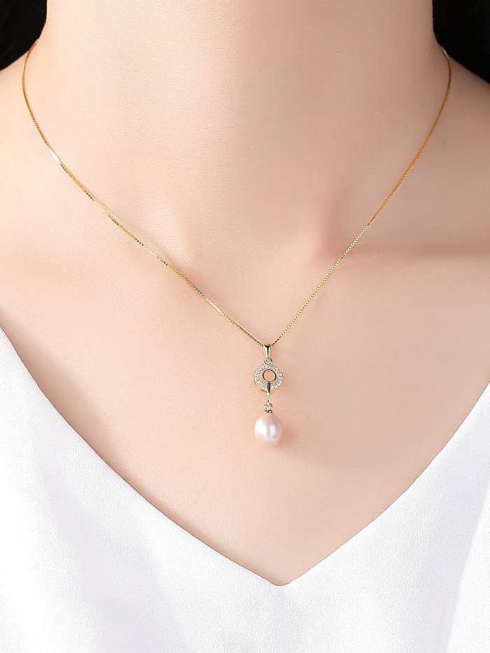 925 Sterling Silver 3A Zicon Freshwater Pearl Geometric Pendant Necklace