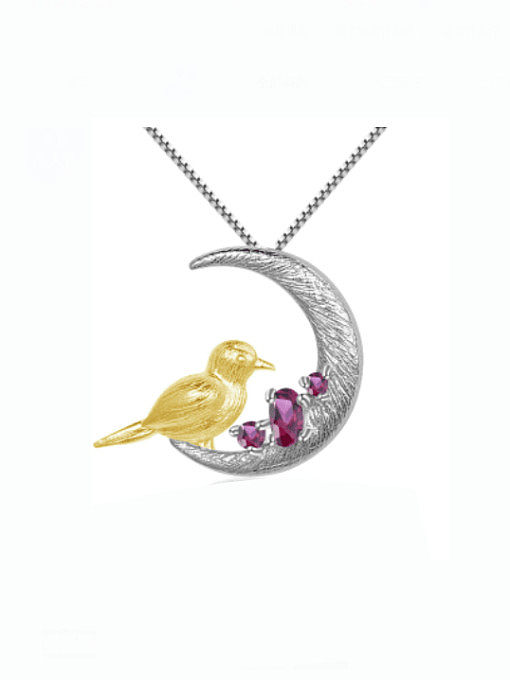 Collier pendentif lune artisan oiseau péridot en argent sterling 925