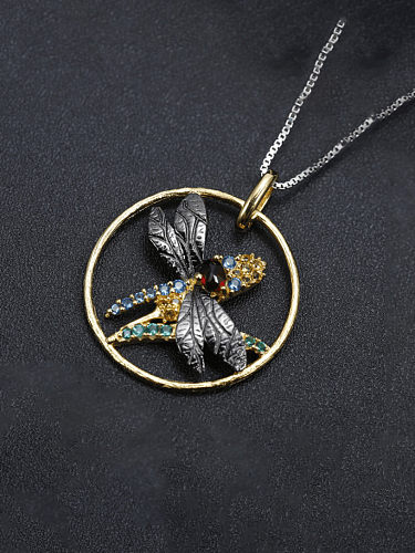 925 Sterling Silver Natural Topaz Dragonfly Artisan Round Pendant Necklace